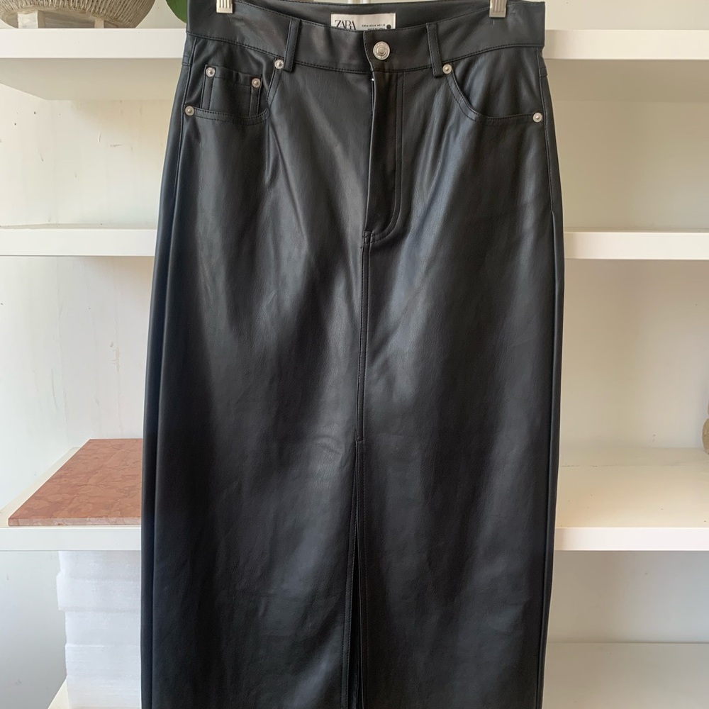 Zara Black pleather Midi Pencil Skirt for Work